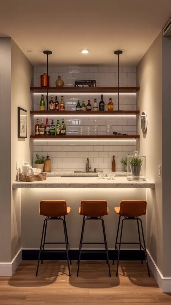 A modern basement kitchenette with a bar area featuring open shelves, bottles, and stylish stools.