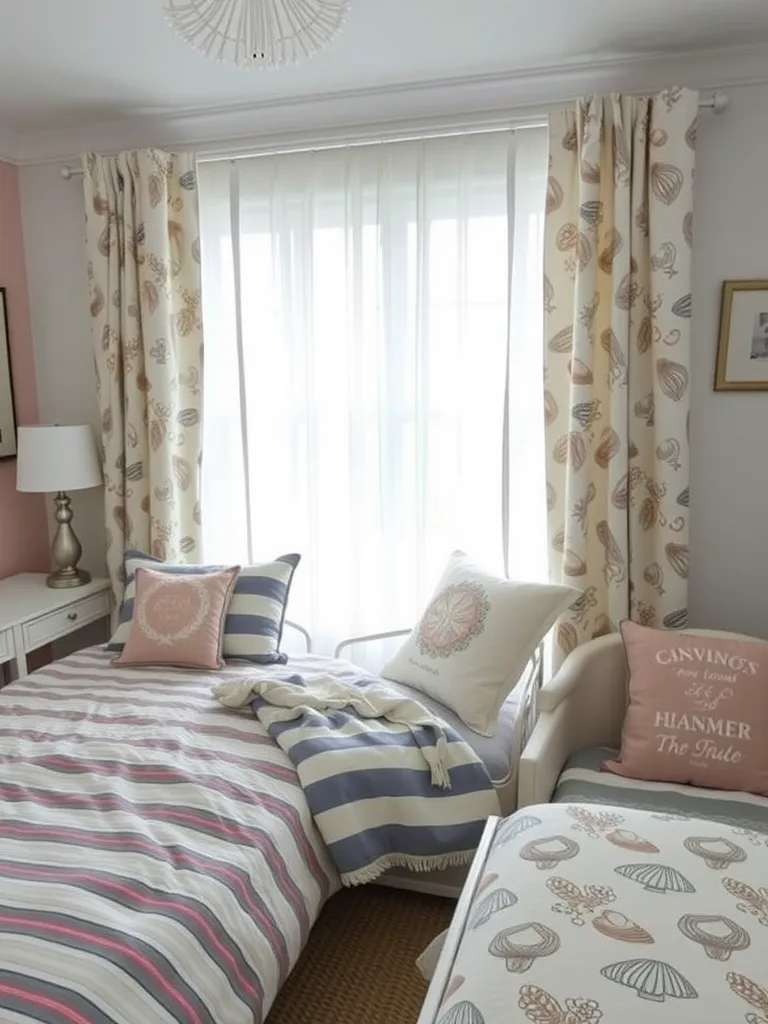 A coastal-themed bedroom with patterned curtains, striped bedding, and beach-inspired decor.