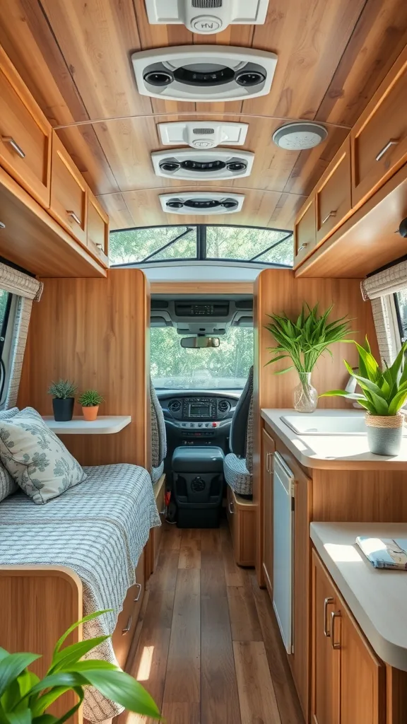 Interior of a modern RV featuring wooden panels, plants, and cozy seating.