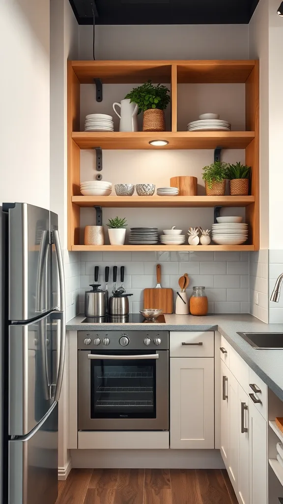 A modern kitchen with open wooden shelves displaying plates and plants, highlighting efficient storage in a small space.