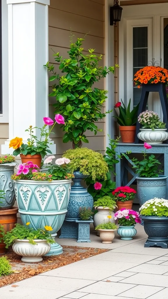 Colorful planters and containers with various flowers and greenery on a porch.