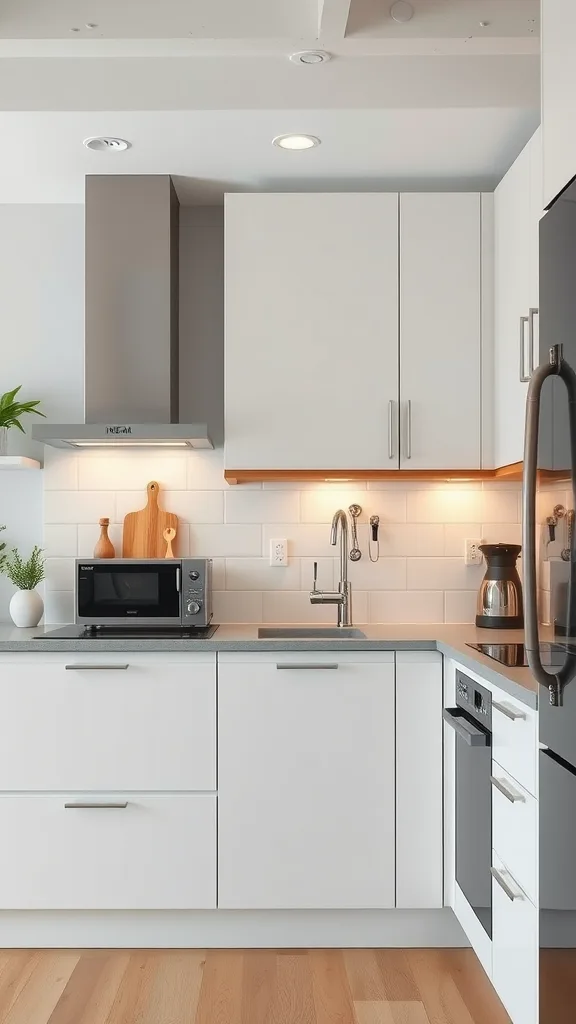 A modern kitchen featuring smart appliances, including a microwave, coffee maker, and sleek sink.