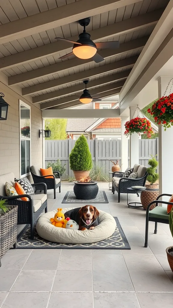 A cozy outdoor patio with a dog resting on a bed surrounded by furniture and plants.