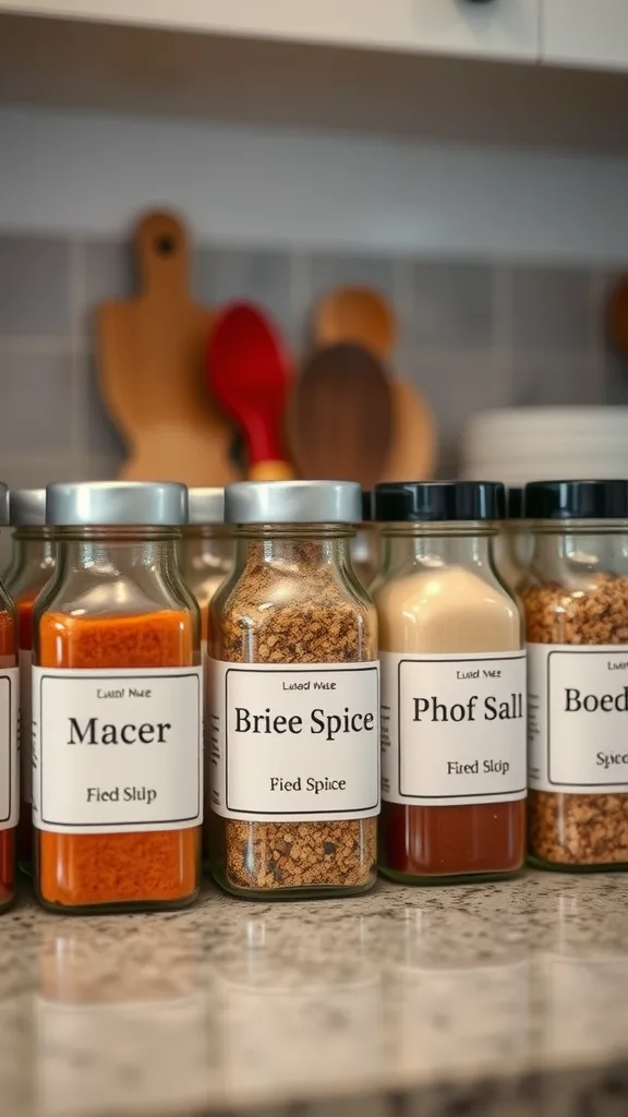 A collection of labeled spice jars arranged neatly on a countertop.