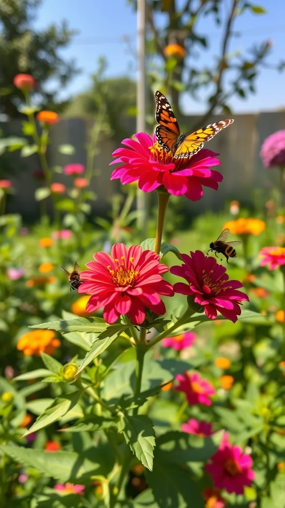 Lantana flowers with a butterfly and bees, attracting pollinators in a sunny garden