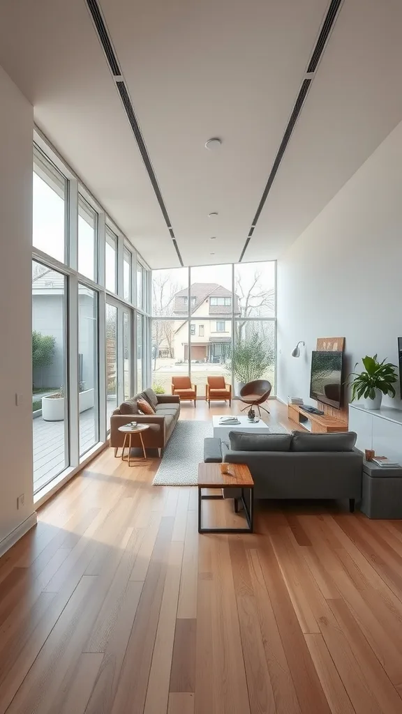 A modern long narrow living room with large windows, wooden flooring, and stylish furniture.