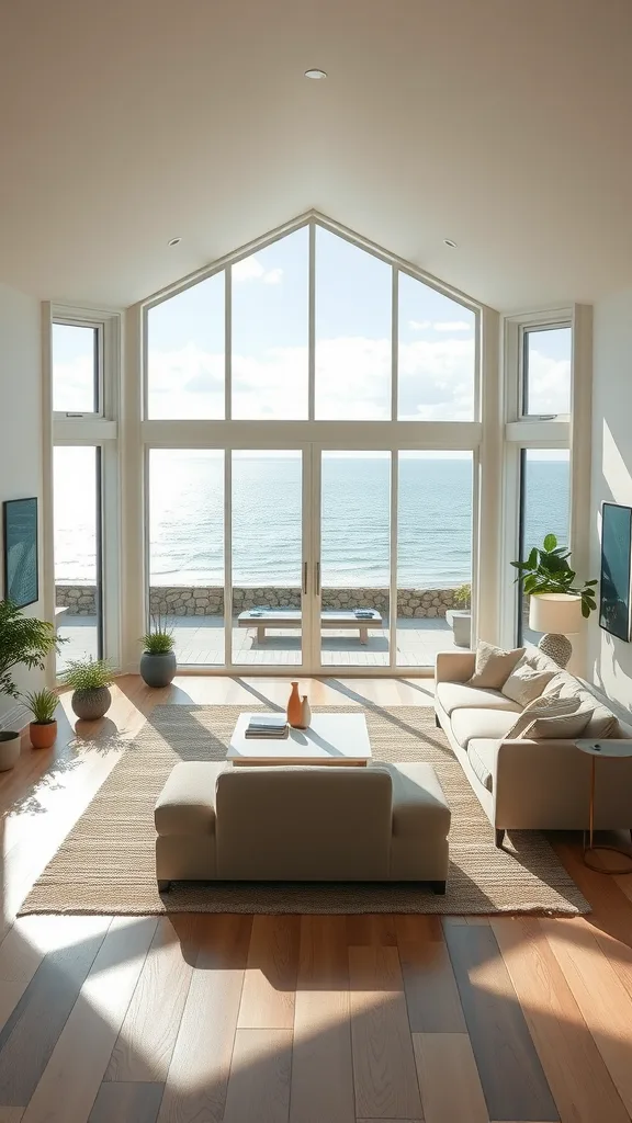 Bright coastal living room with large windows overlooking the ocean