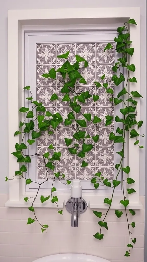 A lattice window with wooden pattern and green vines growing around it.