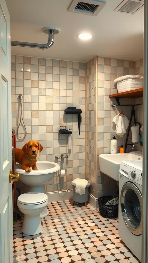 Laundry room featuring a pet washing station with a dog in the basin, laundry machine, and tiled flooring.