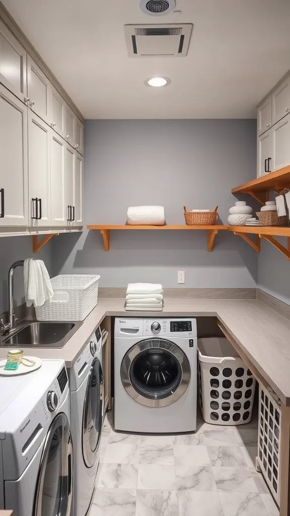 Modern laundry room with built-in folding station, washer, dryer, and storage shelves.