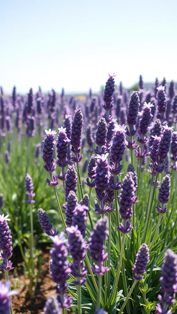 A field of lavender plants with vibrant purple flowers under a clear blue sky.