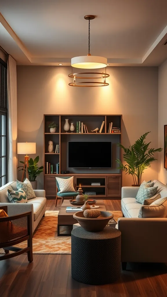 A cozy coastal living room with layered lighting, featuring a central chandelier and a table lamp.