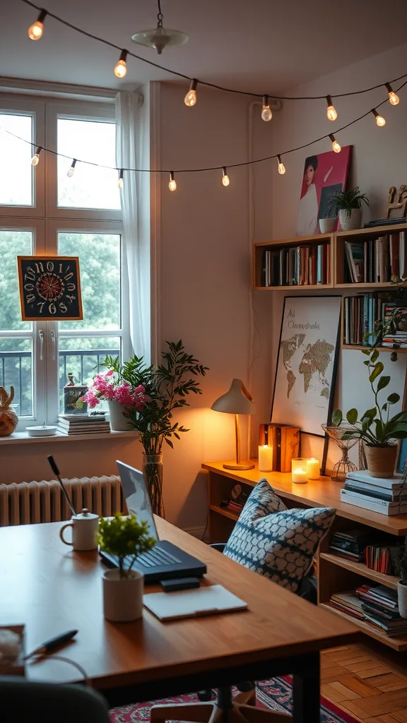 A cozy home office with layered lighting, featuring string lights, a table lamp, and candles, surrounded by plants and bookshelves.