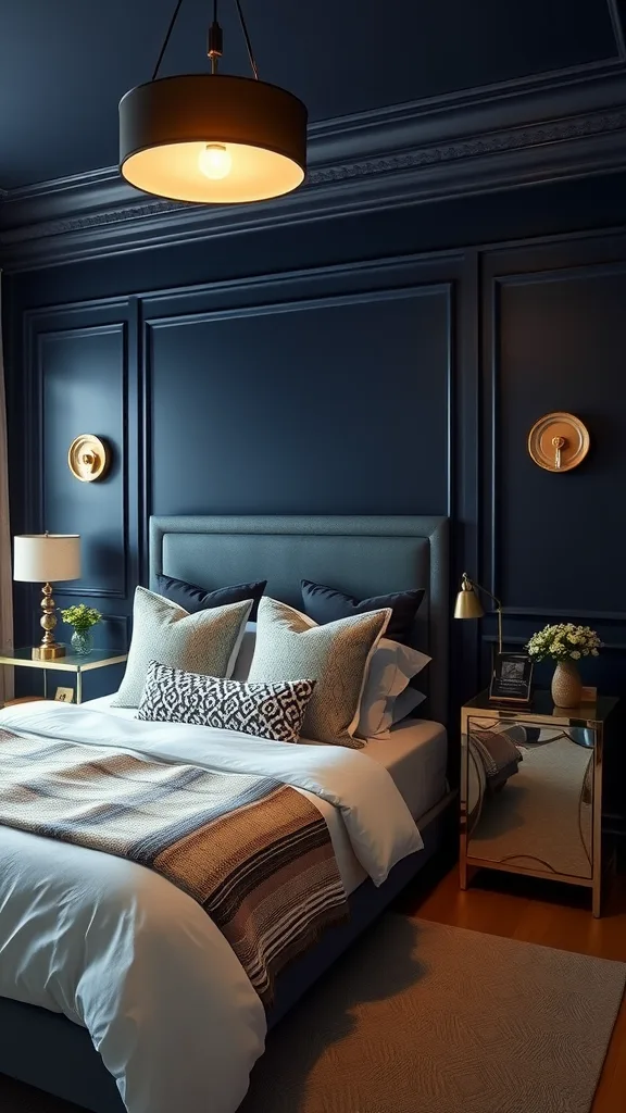 A stylish navy blue bedroom featuring layered lighting from a chandelier, wall sconces, and bedside lamps.