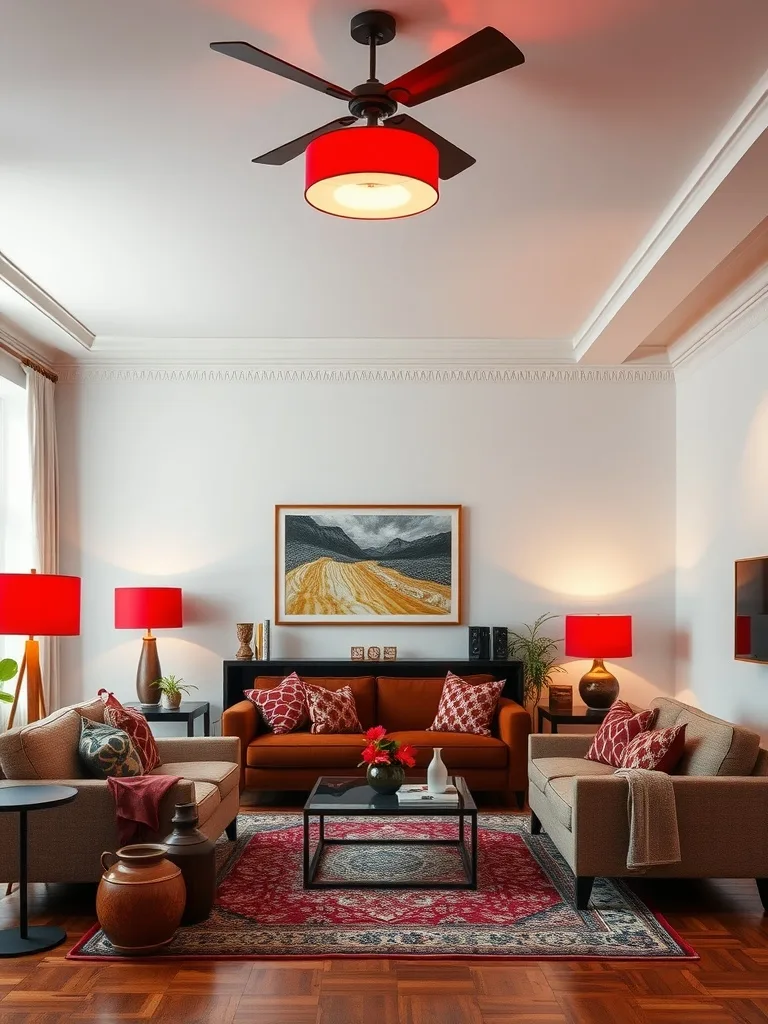 A vibrant red living room with layered lighting and red accent pieces.