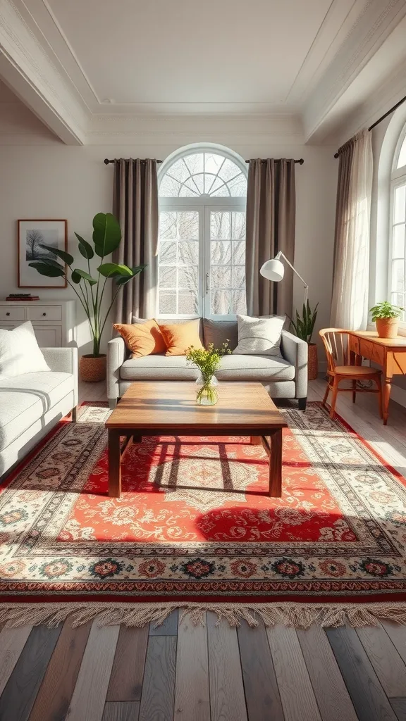 A bright living room with layered rugs, featuring a red area rug on top of a neutral rug, gray sofas, and wooden furniture.