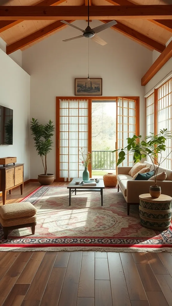 A cozy Japandi living room with layered rugs, wooden furniture, and plants.