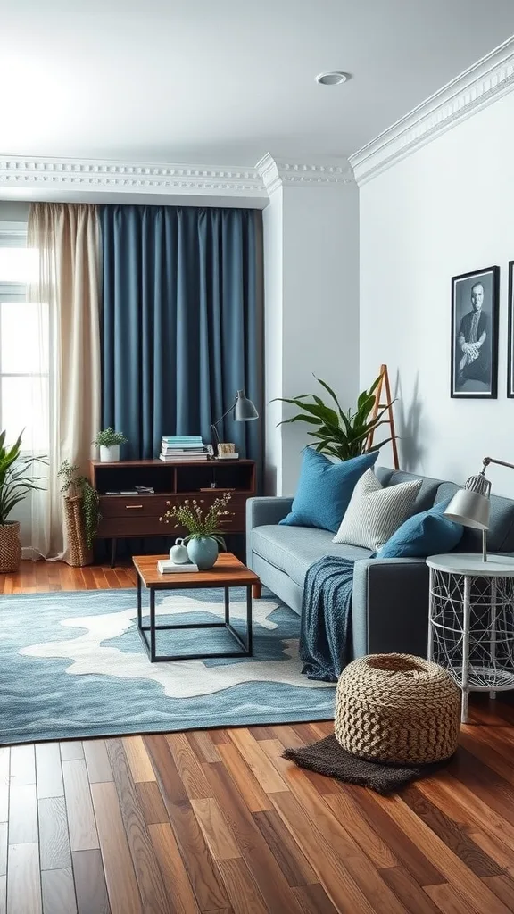 A living room with blue and gray textiles, including a couch, throw pillows, and area rug.