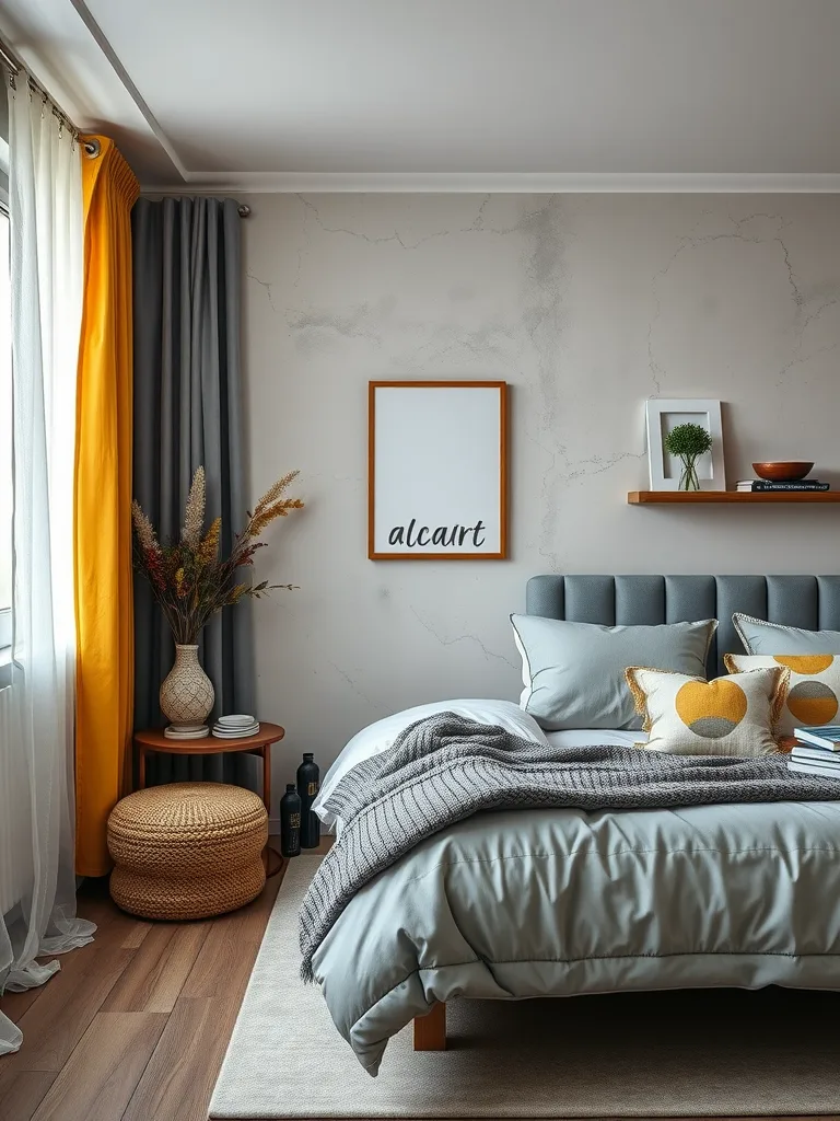 A stylish grey and yellow bedroom featuring layered textures.