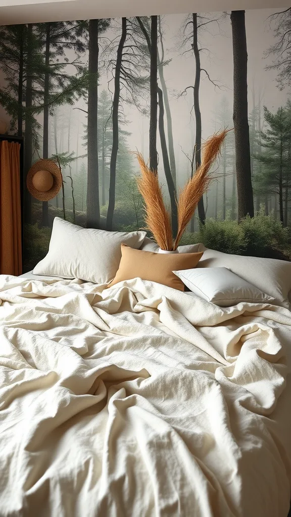 A cozy forest-themed bedroom with a tree mural, layered natural fabrics on the bed, and decorative elements.