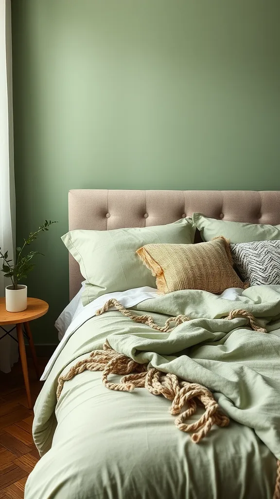 A cozy sage green bedroom featuring layered textures with soft linens, knit pillows, and natural decor.