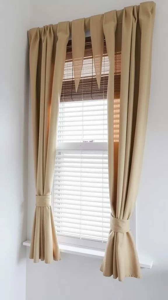 A bathroom window with layered treatments, featuring soft drapes and a woven blind.