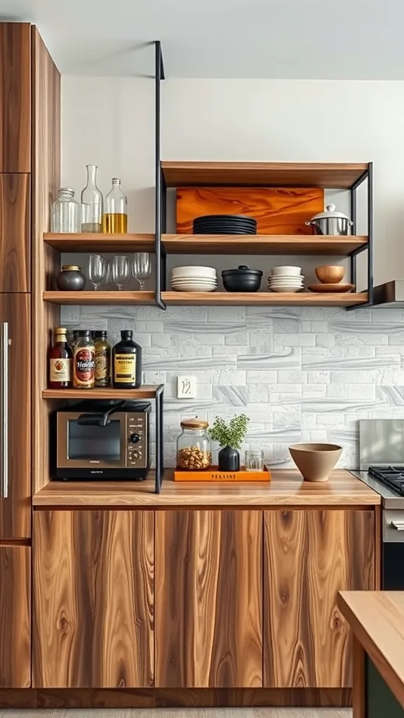 Kitchen open shelving displaying a mix of wooden shelves, glass bottles, and ceramic dishes.