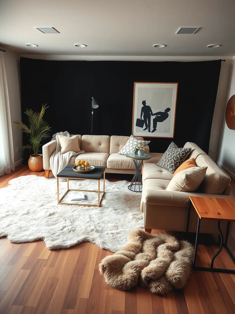 A black living room with a cozy sectional sofa, fluffy rug, and layered textures.