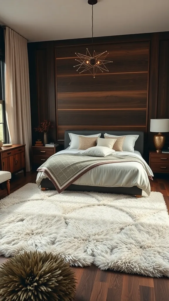 A cozy bedroom featuring dark wood accents, layered bedding, and a fluffy rug.