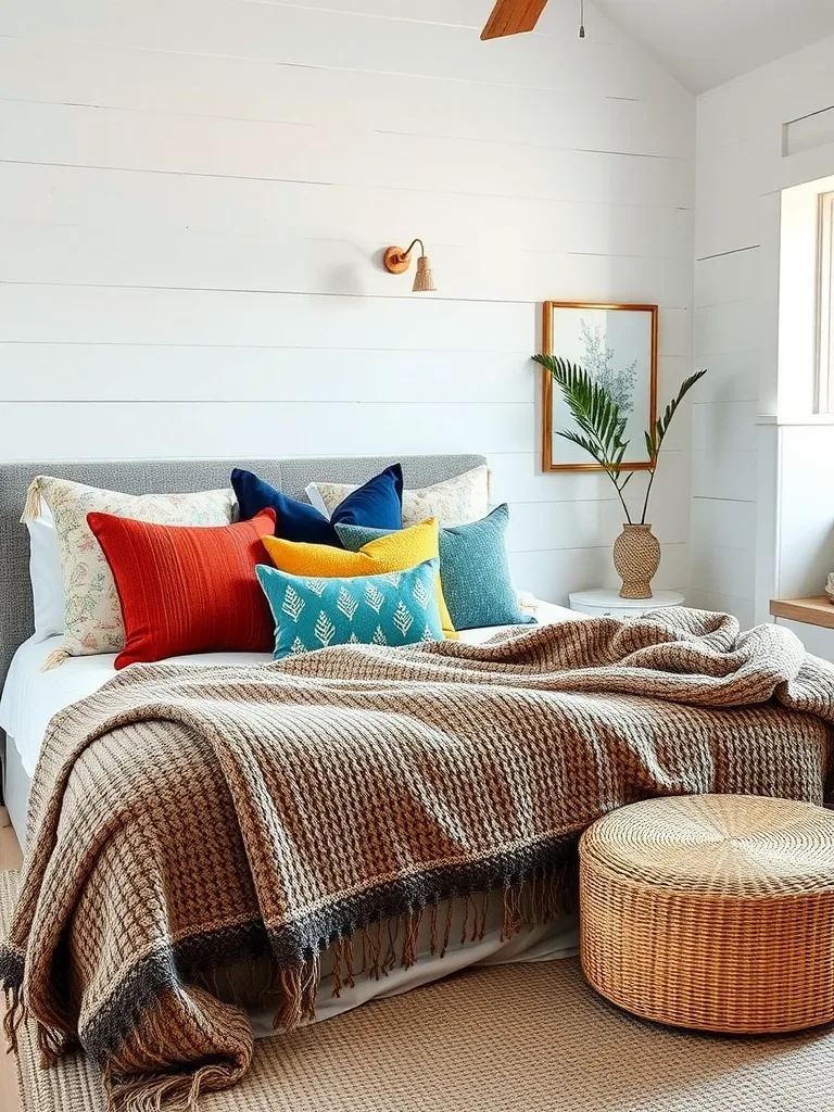 Coastal bedroom with layered throws and colorful pillows on a bed, featuring a knitted throw and a woven ottoman.