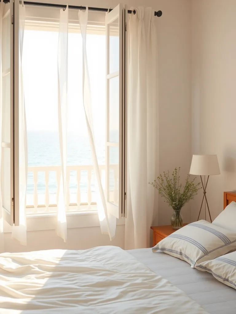 A coastal bedroom with light, sheer curtains blowing in the breeze, revealing an ocean view.