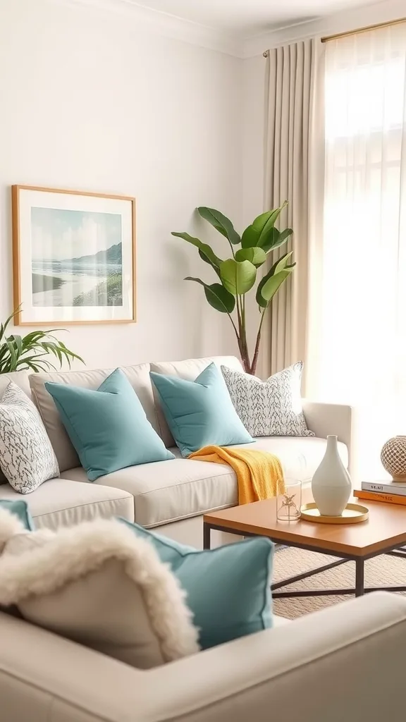 A coastal living room with light blue accents, featuring a beige sofa with blue and patterned pillows, an orange throw, and a leafy plant.