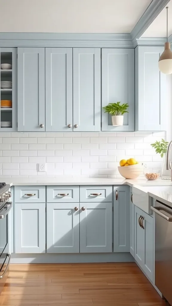 A kitchen featuring light blue shaker cabinets with white subway tile backsplash and wooden flooring.