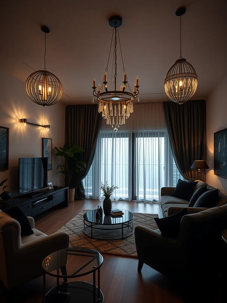 A stylish black living room featuring a chandelier and pendant lights for elegant lighting.