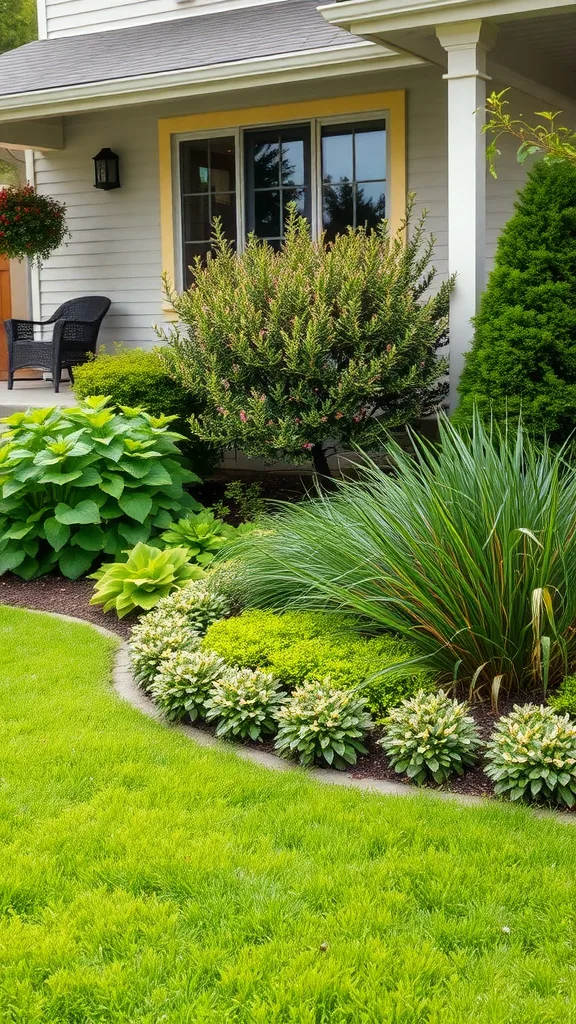 A beautifully landscaped front yard featuring low-maintenance groundcovers, green grass, and various shrubs.