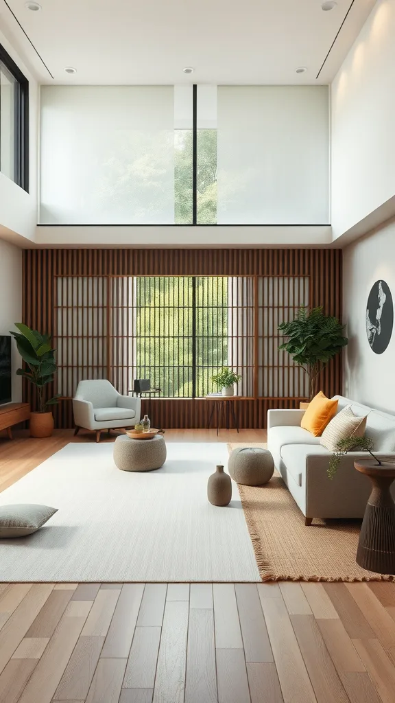 A minimalist Japandi living room with low-profile seating, showcasing a harmonious blend of wood and soft textiles.