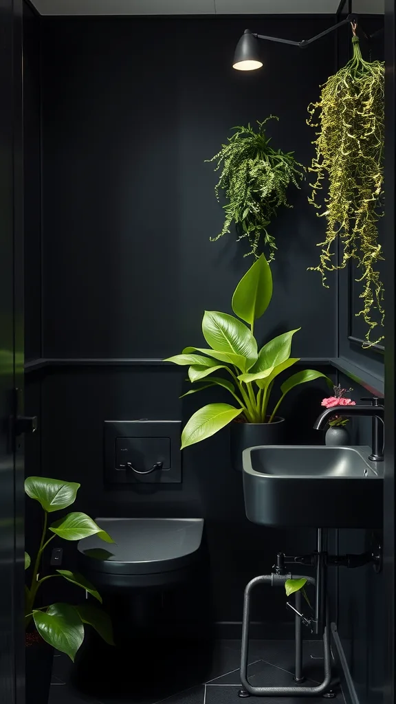 A black half bathroom featuring lush greenery with hanging plants and a modern sink.