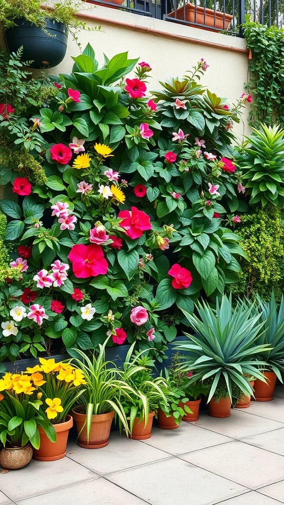 A vibrant vertical garden wall filled with colorful flowers and plants, enhancing the backyard patio