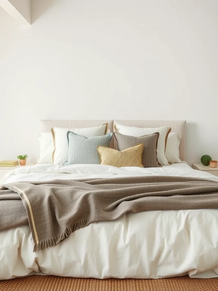 A coastal bedroom featuring luxurious white linen bedding, colorful accent pillows, and a cozy throw blanket, creating a serene and inviting atmosphere.