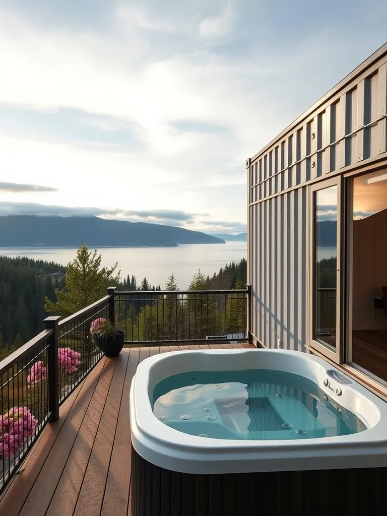 Luxury shipping container home with a hot tub on a deck overlooking a lake and forest