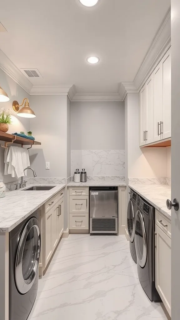 A luxury laundry room showcasing modern appliances and stylish design elements.