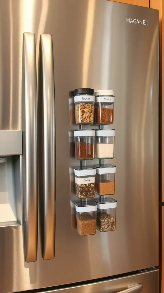 Magnetic spice containers attached to a refrigerator, showcasing various spices in clear jars.