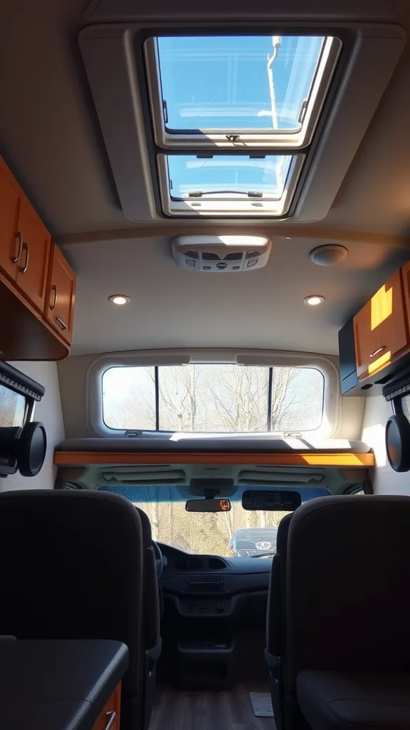 Interior view of an RV featuring a skylight, enhancing natural light and spaciousness.