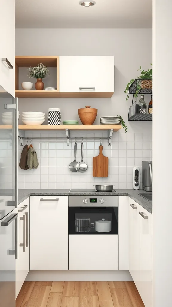 A compact kitchen featuring open shelving, closed cabinets, and organized utensils.