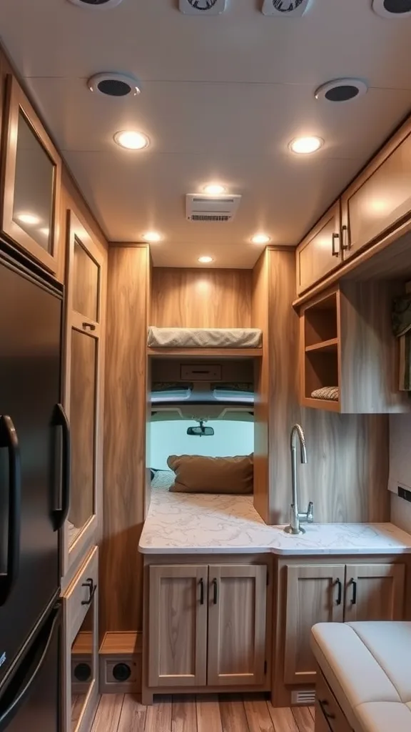 Cozy RV interior featuring built-in wooden cabinets, a countertop, and warm lighting.