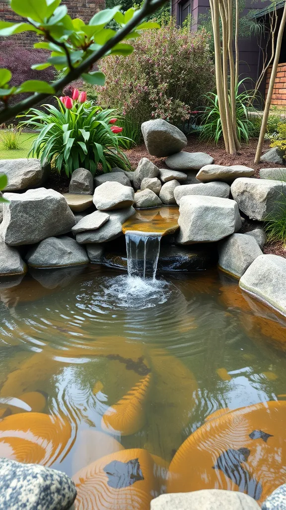 A serene meditation pond with a small waterfall, surrounded by rocks and lush plants.