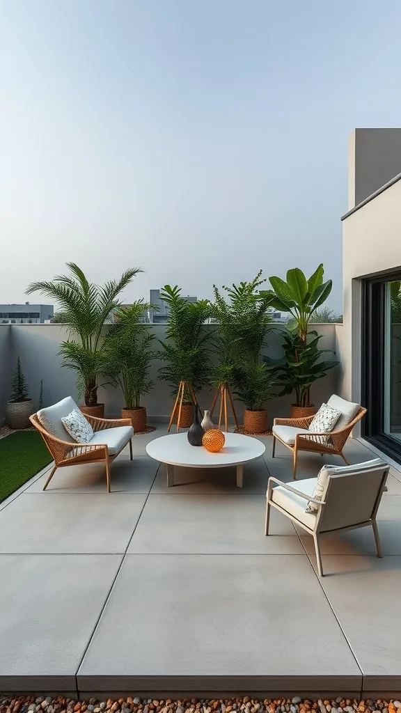 A minimalist concrete patio featuring a small table, chairs, and greenery, with bold text on the floor.