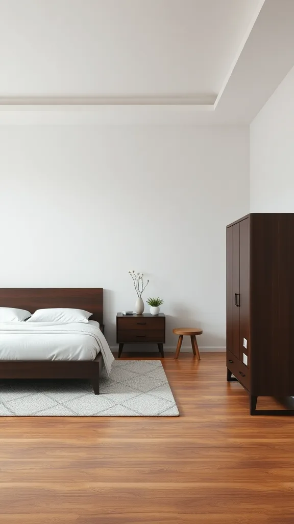 A minimalist bedroom featuring dark wood furniture, a simple bed with white linens, and a light-colored rug.