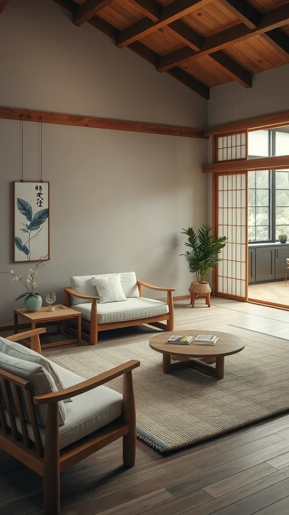 A minimalist living room featuring natural wood furniture, soft cushions, and large windows with sheer curtains.