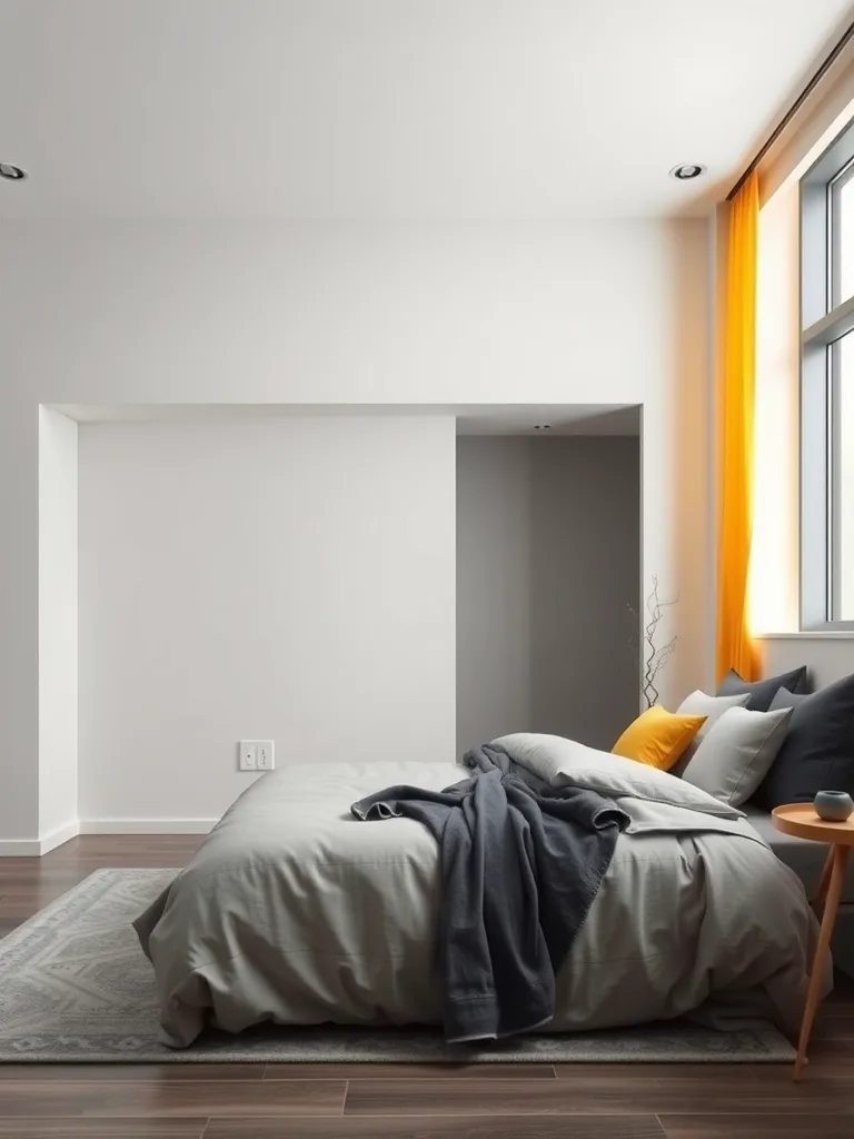 Minimalist grey bedroom with yellow accents